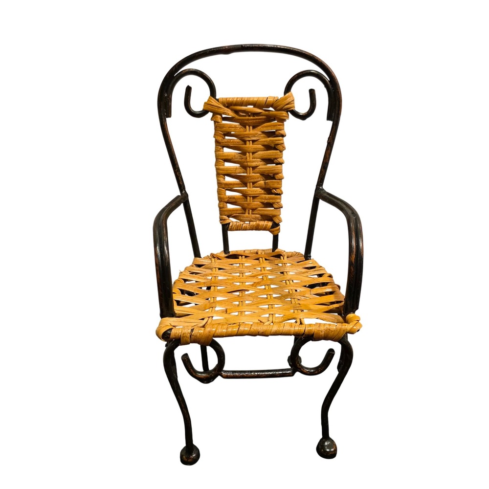 Miniature Wrought Iron and Wicker Armchair, Plant Stand, Doll Furniture
